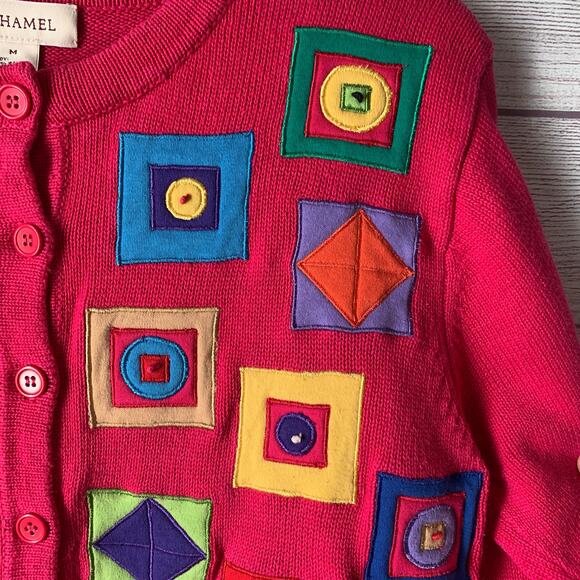 Bechamel Pink Knit Cardigan Sweater Colorful Geometric Squares Button Up Medium - Picture 16 of 16